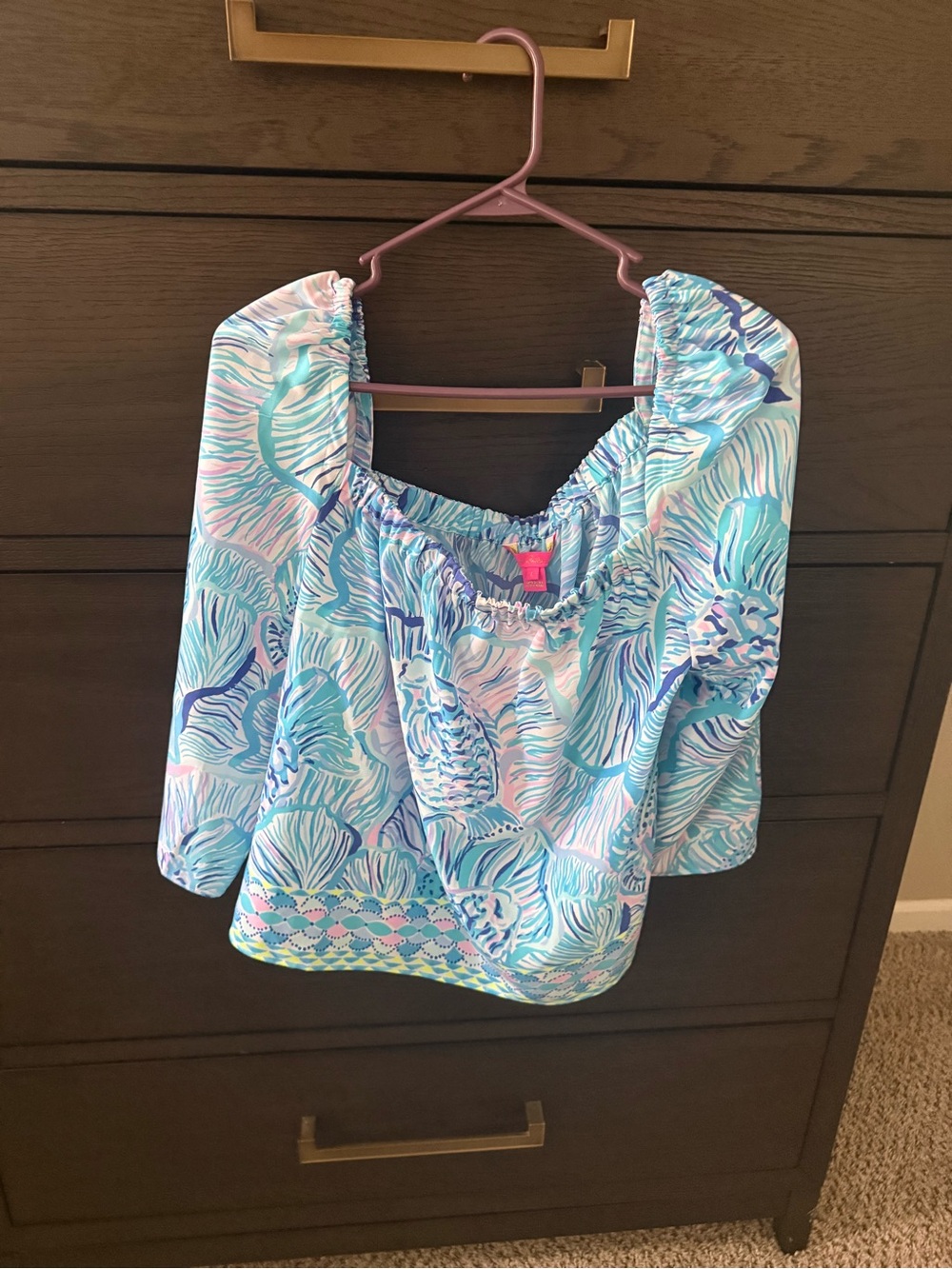 Lilly Pulitzer Coastal Print Off-Shoulder Blouse in Blue, Pink & White